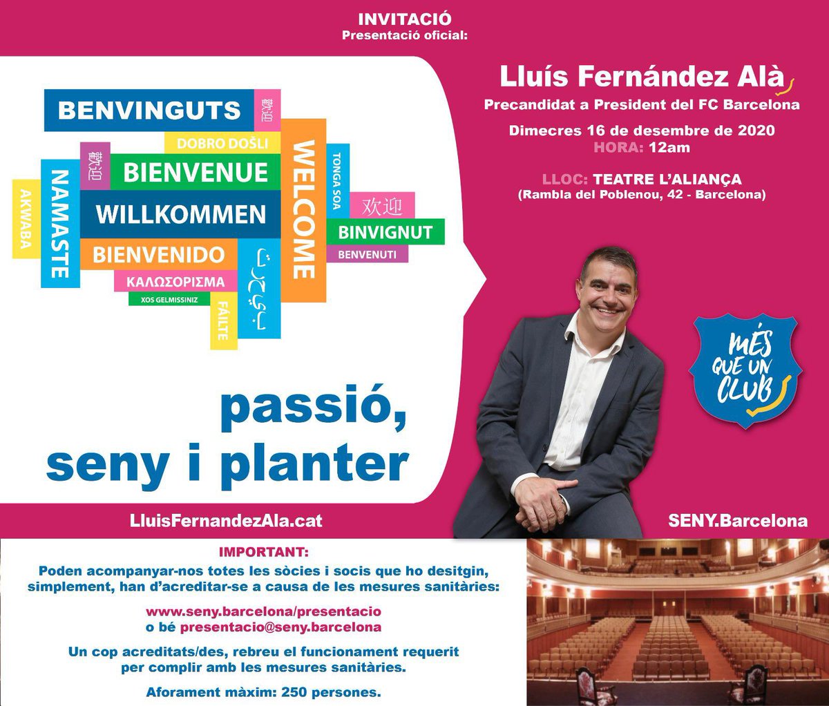 PassioSeny's tweet photo. 🚨Presentació oficial de la precandidatura 🚨

📆 16 de desembre del 2020
⏰12h
📍Teatre l'Aliança del Poblenou

Ens vols acompanyar?

https://t.co/55IY5SWjxe

#LluísFernándezAlà #EleccionsFCB #Passió #Seny #Planter #PresentacióOficial https://t.co/NAkgbBk3OJ