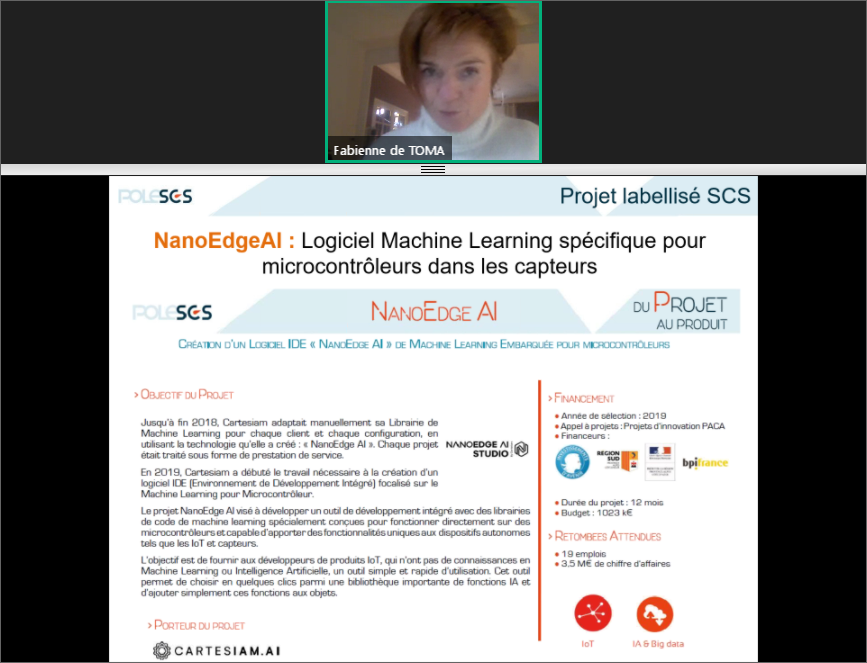 Pole_SCS's tweet image. On commence notre WebTech#SCS – L’approche disruptive de l’#IA embarquée par @CartesiamFrance @SmarDTV @SmarDTV_IOT @navalgroup avec plus de 75 participants ! En introduction, une mise en lumière de l&apos;accompagnement #ProjetsSCS avec le projet #NanoEdgeAI 👏