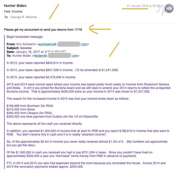 HelloTelegram's tweet photo. We know that this case (#hunterbiden investigator) began in 2018.
Back 2019, this's email between HBiden - Eric (2017),
then he forwarded it to George Mesires (2019), attorney for Hunter Biden. 
Subject email: Income. #LaptopFromHell 
Read more: https://t.co/YwFKlsbLWR https://t.co/SMiwLiObR7