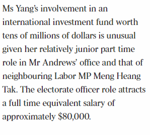 I know nothing of Yang's background. Perhaps she comes from a rich family. Maybe she inherited money and invested wisely? I don't know and I don't care. Why does this matter? Yang is being criticised for being successful and Chinese; which is only ok if your linked to the Libs.