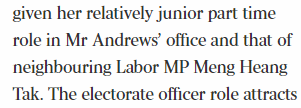 Yang works as an electorate officer. She is not Chief of Staff or a Policy Adviser to  @DanielAndrewsMP. SHE HAS NO POLICY INFLUENCE. Her job is to support Dan Andrews, not provide policy advice. Therefore, what is the relevance of anything in this article? There is none.  #auspol