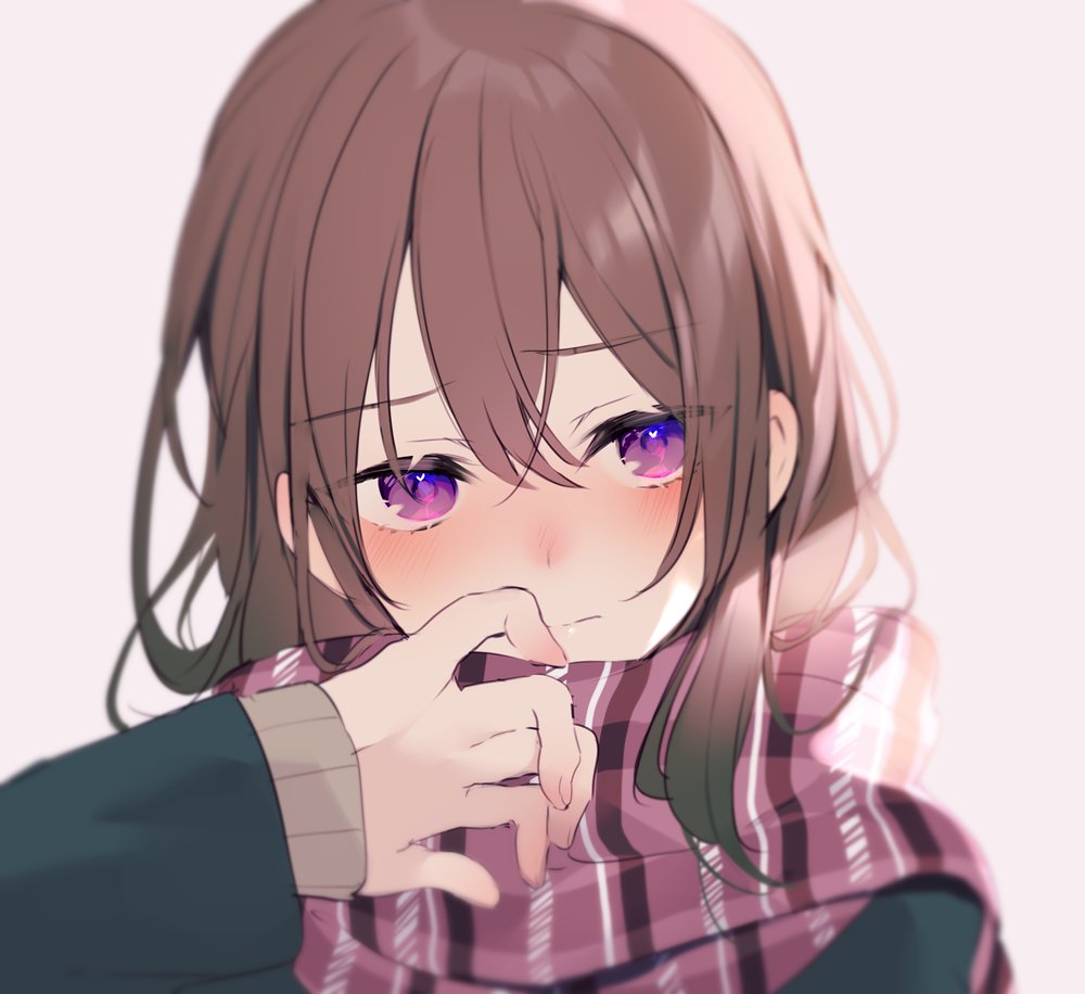 1girl solo scarf brown hair blush purple eyes looking at viewer  illustration images