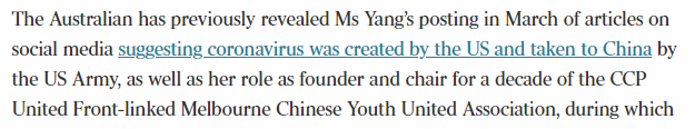 This is one of the other articles that I mentioned. It contains NO EVIDENCE, SCREENSHOTS OR ANYTHING AT ALL to prove the claims made. Even if the claims are true, Yang has no policy influence.  #auspol  #springst  #ThisisNotJournalism  https://www.theaustralian.com.au/nation/politics/chinalinked-victorian-government-staffer-nancys-coronavirus-conspiracy/news-story/ebeb8029f7e28d4b6e5a1e31e6d781da
