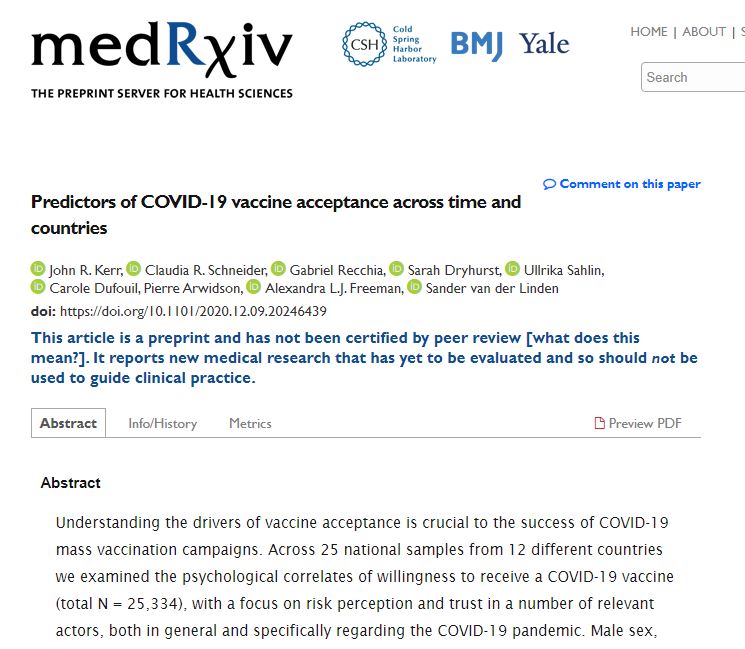 Interesting results when we ask people if they would accept a (hypothetical) COVID-19 vaccine... All across the world, men, people who trust science & people who worry about COVID more likely to say yes.But the proportion seems to be declining...  https://www.medrxiv.org/content/10.1101/2020.12.09.20246439v11/X