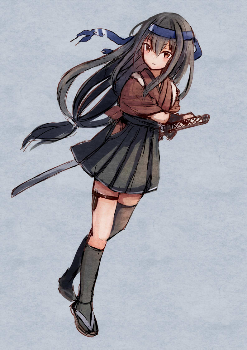 hatsushimo (kancolle) 1girl long hair solo weapon sword single thighhigh low-tied long hair  illustration images