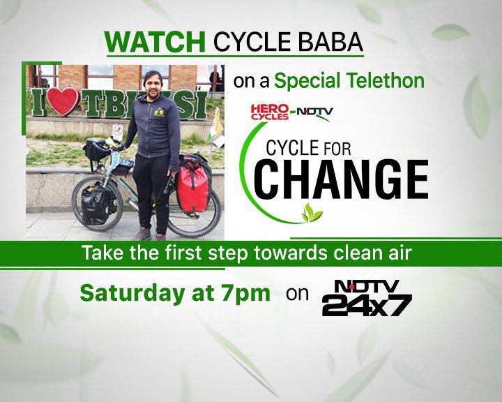 See you all  tomorrow 7PM Saturday 12Dec at @ndtv Special talk on Cycle for Change #ndtv #cycleforchange @Hero_Cycles @ndtvindia @ndtvfeed  @Cycle_baba  #saveearth