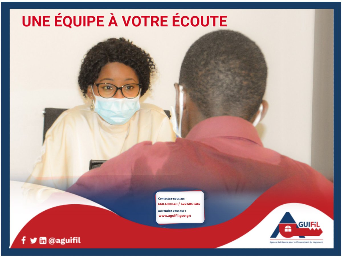 AGUIFIL's tweet photo. L’Agence Guinéenne Pour le Financement du Logement met une équipe professionnelle à votre disposition pour répondre à  toutes vos questions et inquiétudes.

N'hésitez pas à nous contactez au 660 400 040/ 622 580 304 ou sur https://t.co/dokeqqa8mI.

@AGUIFIL, @PrimatureGN https://t.co/Ptk3Ago4TS