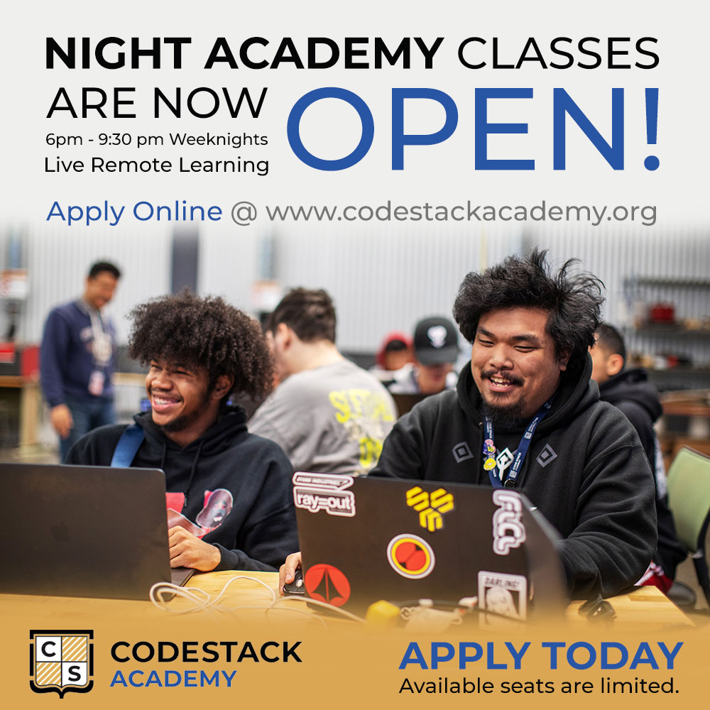 CodeStackStkn's tweet image. CodeStack Night Academy is NOW OPEN! SJCOE CodeStack Academy Software Engineering Certification program is now offering night classes in a remote learning environment. For more details, go to zcu.io/V0gv and apply today. #SJCOE #CodeStackAcademy #Stockton #SanJoaquin