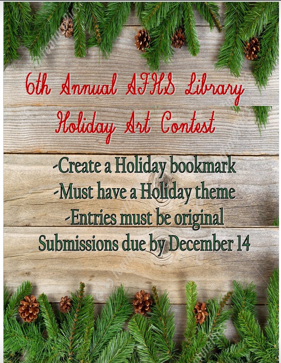 afhsmedia's tweet image. Hurry and enter the 6th Annual Library Holiday Bookmark Contest before it's too late! Create an original holiday themed bookmark and submit it by Dec 14. Submit here: forms.gle/RKf4K8oVFEtQe3… @AFHSstudentserv @JenCave_73 @AFHSannounce