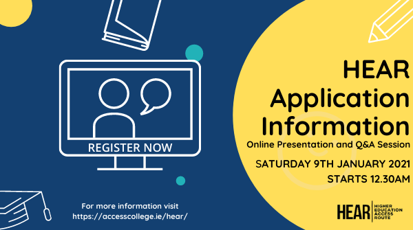 MTUCork_Access's tweet photo. The #HEAR Application Information Online Presentation &amp; Q&amp;A Session will take place on Jan 9 2021 at 12.30pm. This provides an opportunity for students &amp; parent(s)/ guardian(s) to meet members of the HEAR team &amp; find out how the scheme works. Register at 👉https://t.co/YyRu7d2BHj https://t.co/peB2NGRsLg