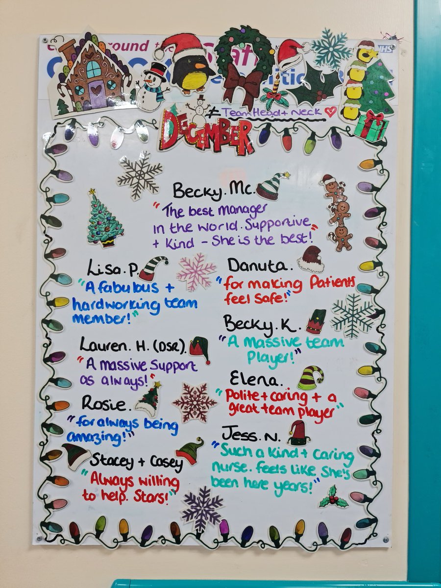 AmyEvs21's tweet photo. I love decorating our monthly boards, but especially love this one! 🎅🎄☃️ Our December board - featuring all of our hero nominations! Boss lady at the top of course. Just a ward full of superheros 👌🏻❤ @RebsMc1 @JamesPovey1 @laurenhenrys @NUHSurgery @RebeccaKitchin4 @Tracykeane7 https://t.co/o4cOenI5RV
