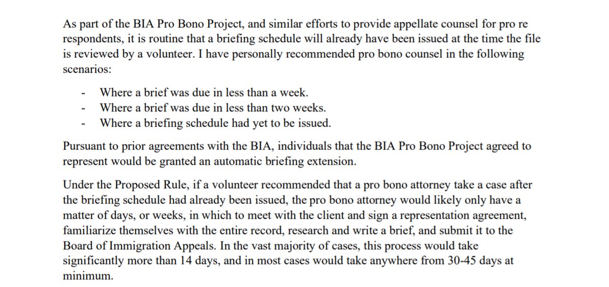 EOIR totally rejects any claim that rules speeding up appeals will hurt those without lawyers, citing several times to the existence of the BIA Pro Bono Project.But in my comment, I explained how the new rules make that Project useless!My comment:            EOIR: