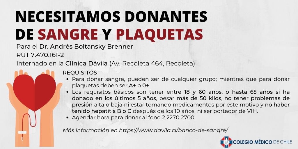 ¡Atención! 📢
Necesitamos donantes de sangre y plaquetas, para el Dr. Andrés Boltansky
Conoce los requisitos 👇 y agenda tu hora 
Más info davila.cl/banco-de-sangre
¡Súmate y #DonaSangreHoy!