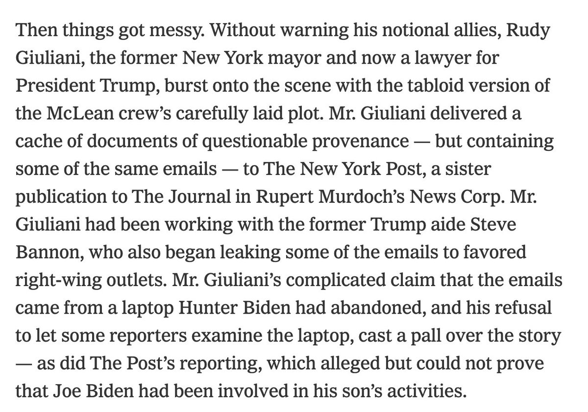 The Trump White House and its allies wanted their purported Hunter Biden materials to be published with no uncomfortable questions asked about its authenticity and its origins. For that, they turned to the New York Post.  https://www.nytimes.com/2020/10/25/business/media/hunter-biden-wall-street-journal-trump.html