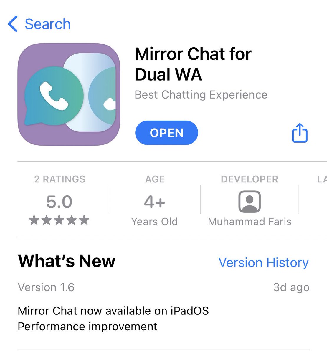 Untuk mencoba tips ini silakan instal aplikasi Mirror Chat for Dual WA hasil karya  @ichFaris Instal di iPhone kedua atau iPad juga bisa.  https://apps.apple.com/id/app/mirror-chat-for-dual-wa/id1538267846