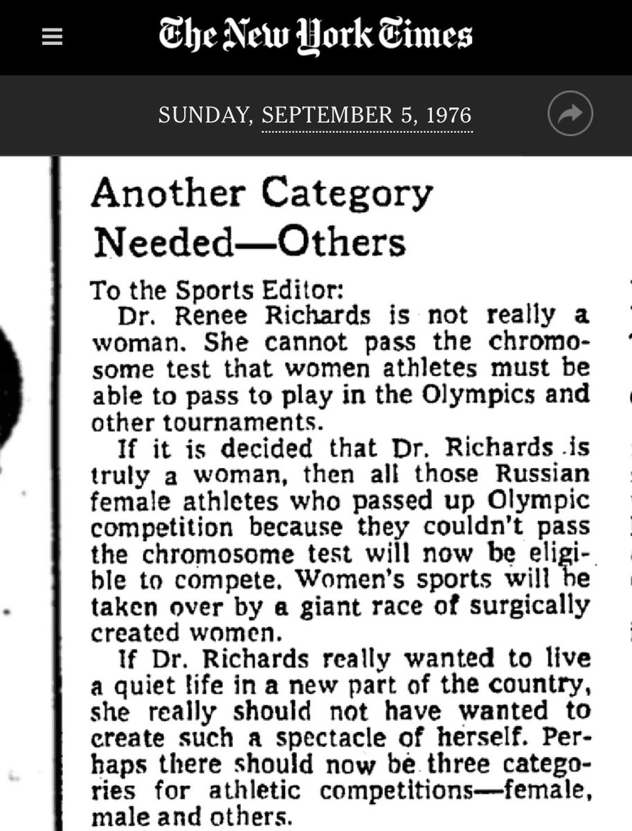 The “trans women will bring an end to women’s sports entirely because they will dominate!” thing has been argued for decades.Look, here’s a 1976 letter to the editor sent to NYT: “women’s sports will be taken over by a giant race of surgically created women.”44 years ago!