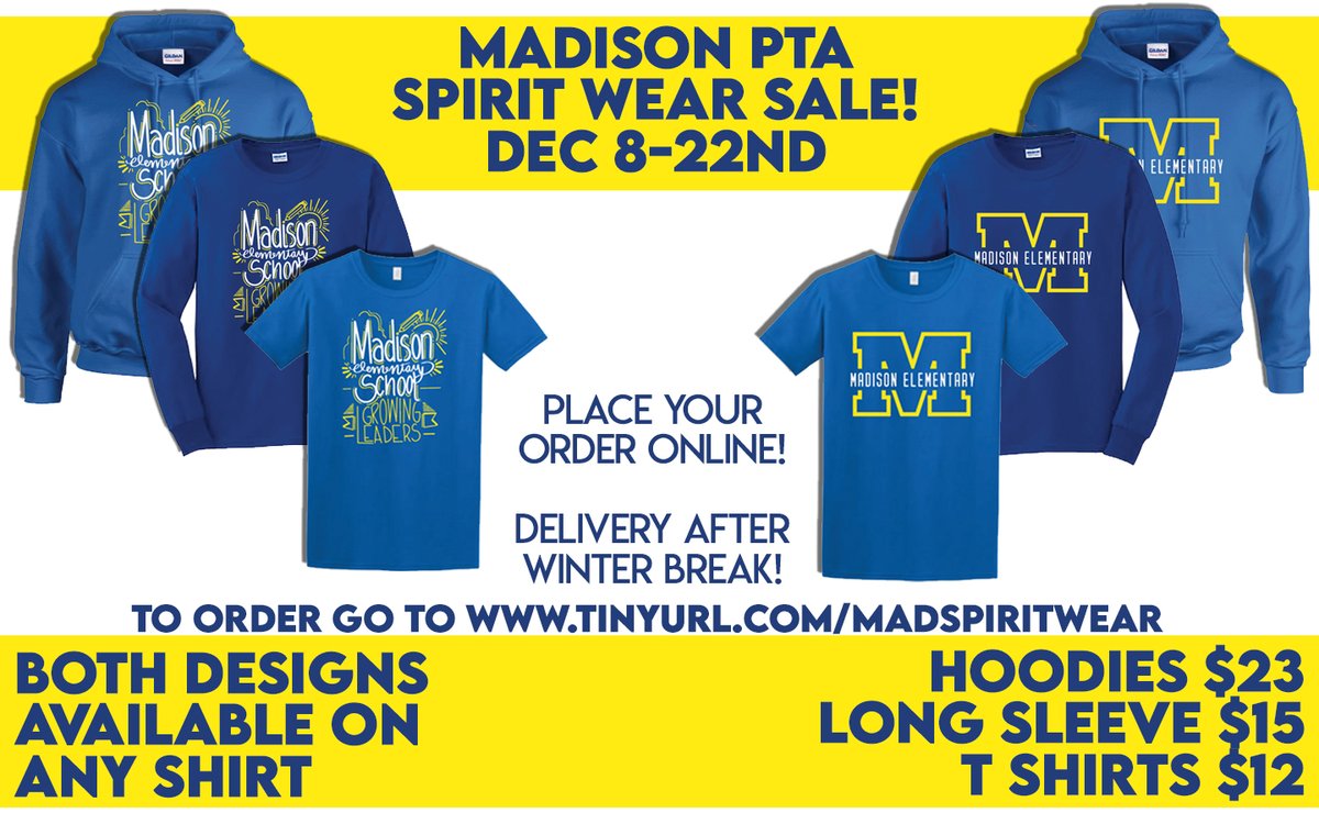 Madison44PTA's tweet photo. SPIRIT WEAR now on sale! Designs by our very own @GrossmannART! To order: https://t.co/QpIfpRGYwc @madisongarden44 @MD_BullDogs #madison44 #weare44 https://t.co/5Klwfc8bqZ