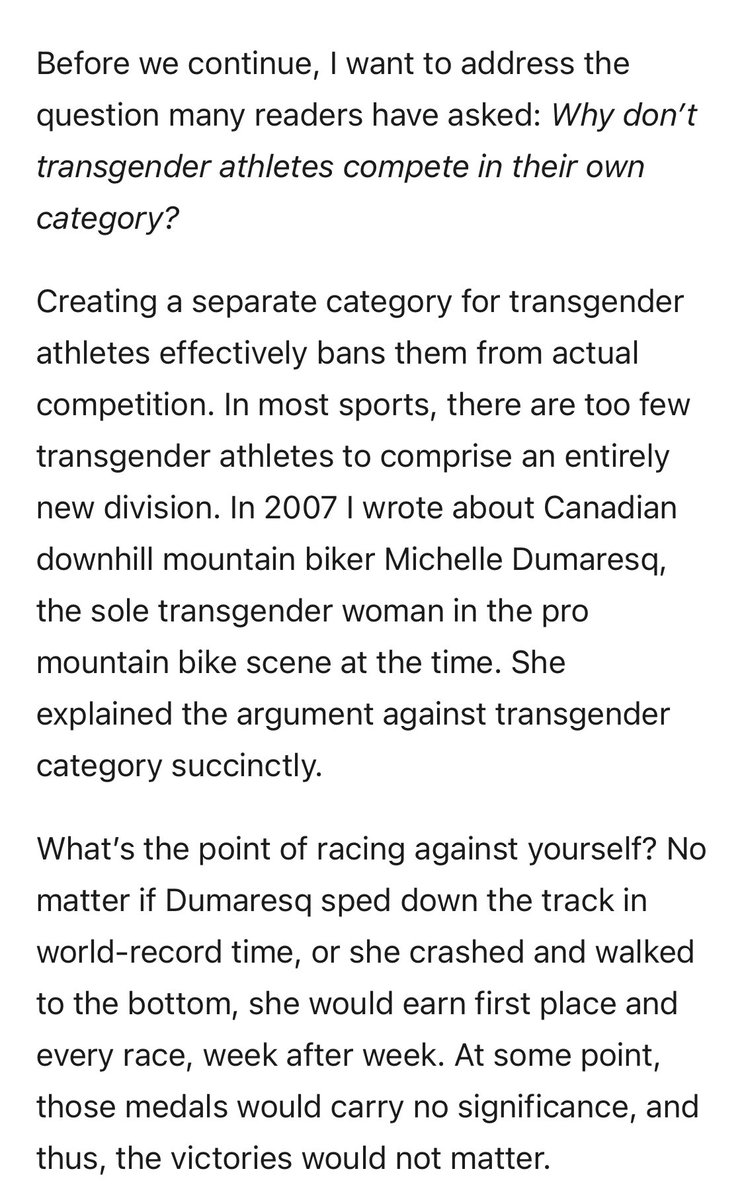 On the topic of “why don’t they create an ‘other’ category?” questions, I’ve found this helpful.  https://www.velonews.com/news/commentary-the-complicated-case-of-transgender-cyclist-dr-rachel-mckinnon/