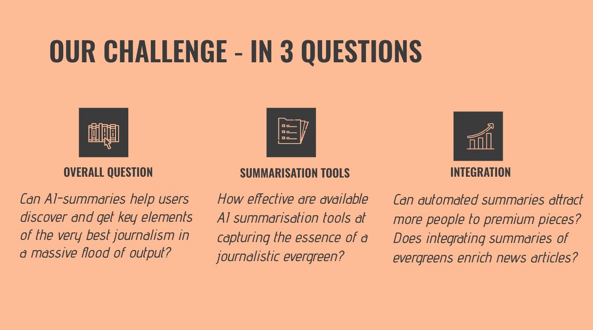 ChElm's tweet photo. We see AI-driven summaries as a way to enrich journalistic content and make it accessible to users in the sense of #StructuredJournalism. In our experiment, we examined if this is already possible with the available tools and formats. Our three main research questions: (3/9) https://t.co/GUS5TTr0EL