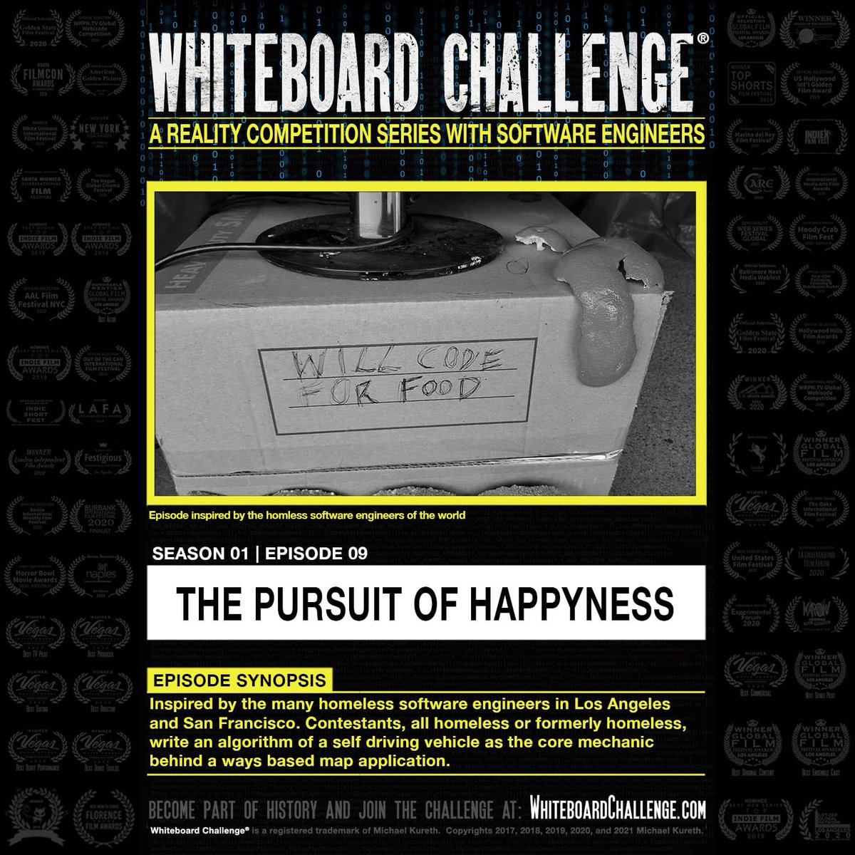 WhiteboardShow's tweet photo. "The Pursuit of Happyness" was inspired by the many homeless software engineers in Los Angeles and San Francisco.  In this competition episode of Whiteboard Challenge, contestants, all homeless, write an algorithm for a self driving vehicle. https://t.co/FV0oaDNRWn
