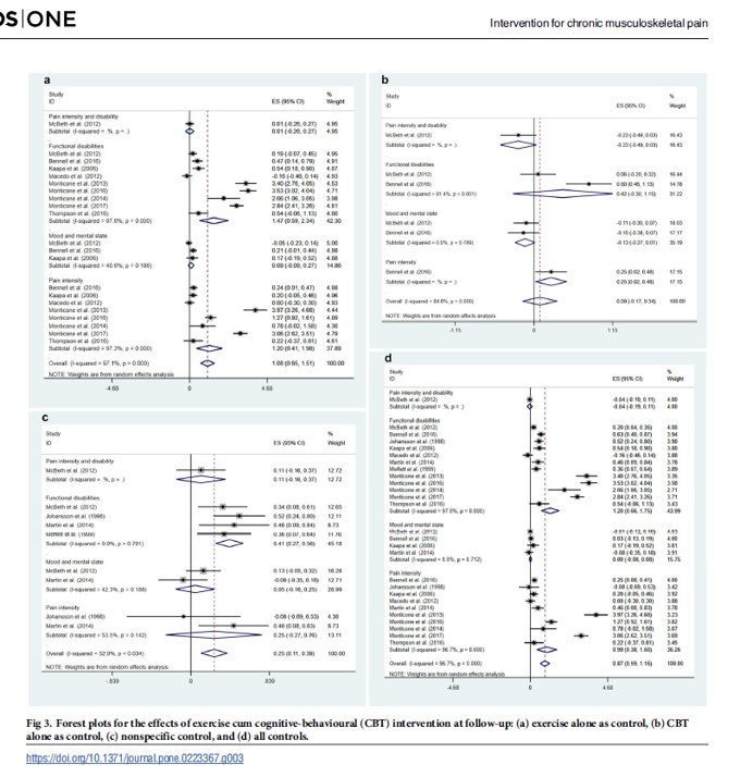 Paper Eight: Not MT but worth sharing. CBT for chronic MSK pain. Cheng and Cheng. Plos One. 2019. Support for CBT with small overall effects (just like all interventions)