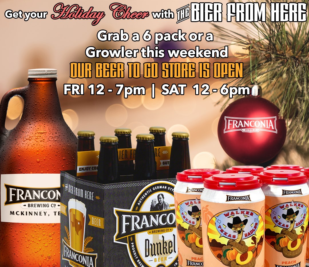 Grab a 6 pack or a Growler of Holiday Cheer from The Bier From Here 🍻🍻🍻 🍻🍻🍻.
👉 Beer 2 Go Store is Open this weekend Fri 12 - 7pm &amp; Sat from 12 - 6pm