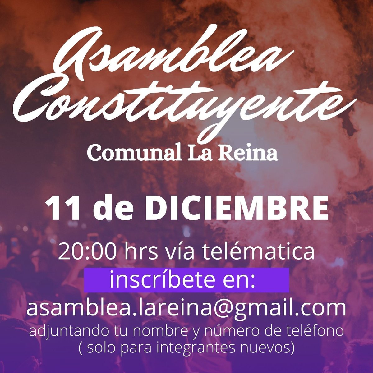 Hoy nos volvemos a encontrar!!!
Asamblea Constituyente 
La Reina
A las 20:00hrs
Imperdible!