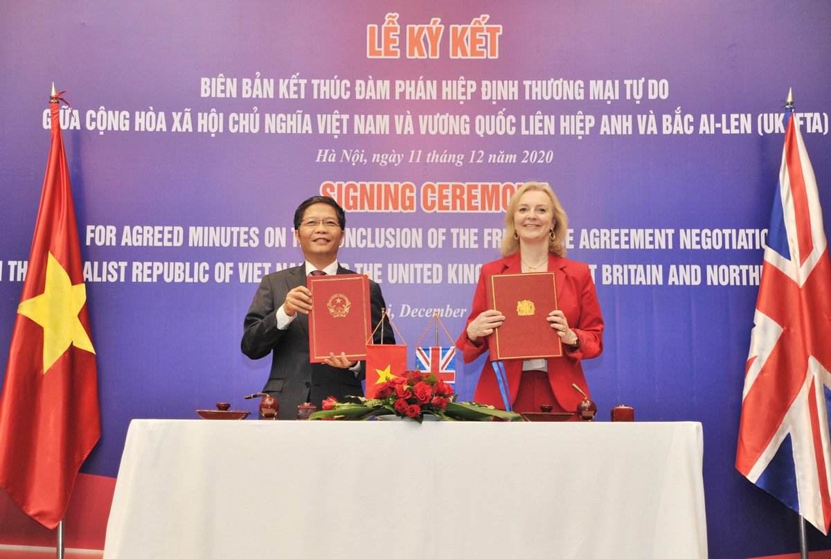 1/4 - It has been an incredible day for  relations!  @tradegovuk Secretary of State  @trussliz & her  counterpart, Minister Trần Tuấn Anh concluded the UK-Vietnam Free Trade Agreement, providing vital continuity for our fast-growing & dynamic trading relationship. #UKVN2020