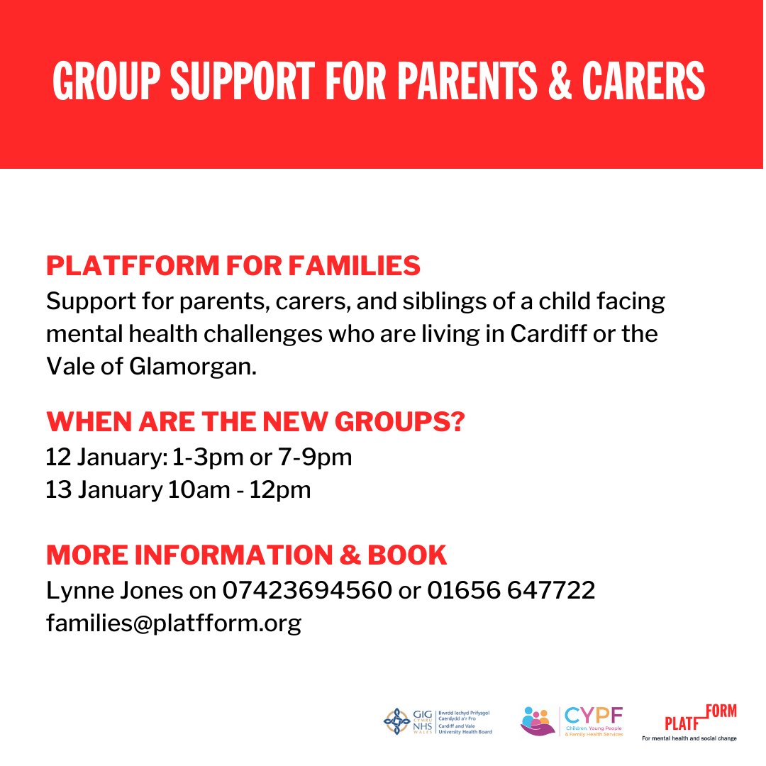 Platfform for Families is organising groups for parents &amp; carers of children &amp; young people facing mental health challenges living in Cardiff &amp; the Vale.

Groups start in January, run for six weeks and focus on wellbeing, self-care &amp; peer support. Get in touch to find out more.