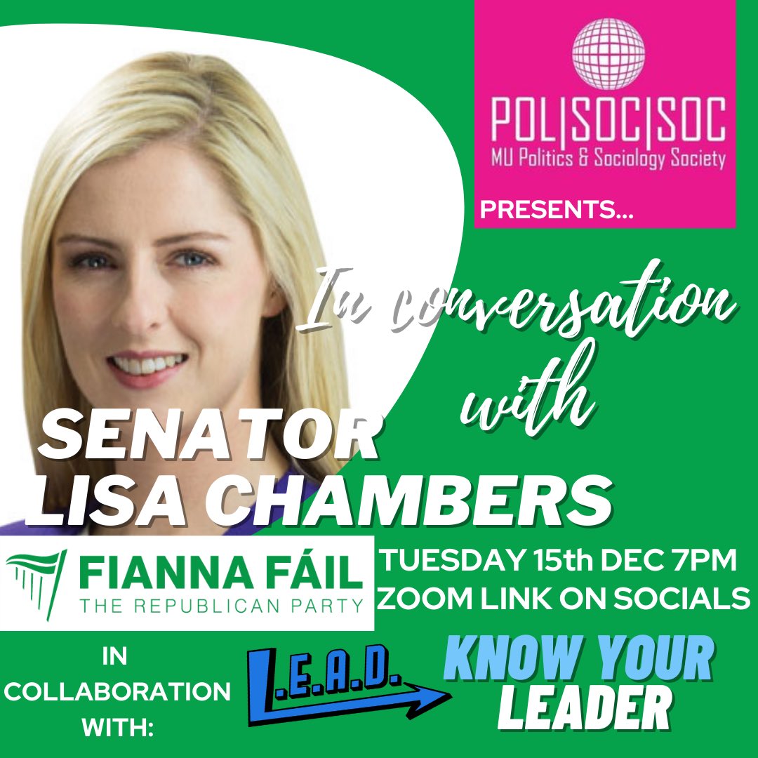 LEADIreland's tweet photo. TUESDAY! We’ll be interviewing Seanad Deputy Leader Lisa Chambers @lichamber at 7pm.

As part of our #KnowYourLEADer campaign collaboration with @MUPolSocSoc 

Join us! Zoom link will be in our bio! https://t.co/UnRKuMyjn0
