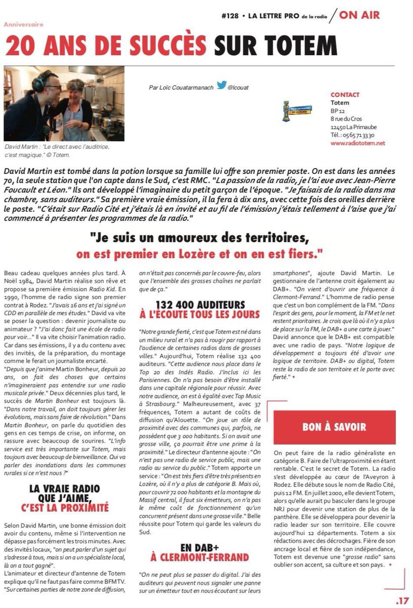 DavidMartin002's tweet photo. Merci à @LaLettrePro pour cet article sur les 20 ans de Martin Bonheur. Pour le Dab+, j’attends encore un peu pour affirmer que j’y crois. Uniquement une solution pour compléter notre diffusion là où la FM ne nous le permet pas @totem_radio #totemMB https://t.co/sdkdDTVt3C