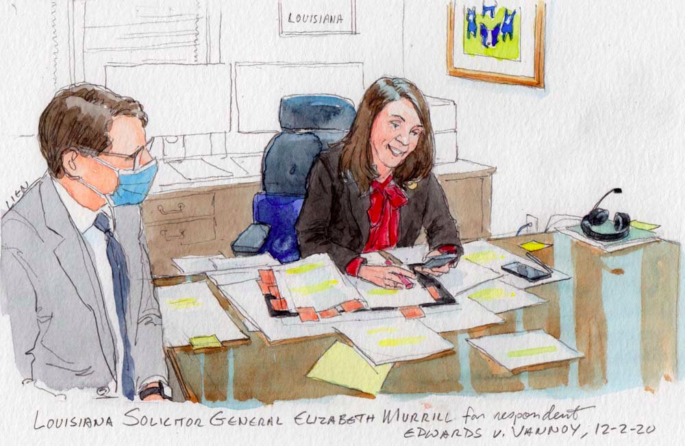 If you were appearing remotely before the Supreme Court, how would you do it?Sitting at a desk like Louisiana SG Elizabeth Murrill or standing at a lectern with portraits of the justices in front of you like Andre Belanger?:  @Courtartist Edwards v. Vannoy, Dec. 2, 2020.