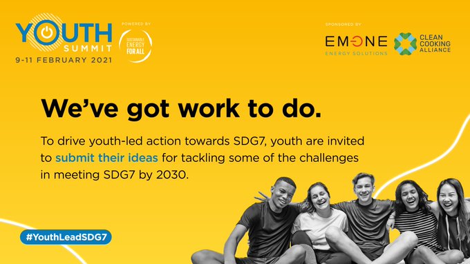 📣Calling all young leaders! Do you have big, bold, creative ideas❓

#YouthLeadSDG7 is all about supporting youth led work. Submit your innovative #SDG7 ideas to help us drive 🌍progress.

3️⃣ finalists will present live at the 2021 #SEforALL Youth Summit: bit.ly/YouthLeadSDG7