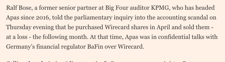 wildfranz's tweet photo. Not only did the head of Germany's audit watchdog trade buy shares in a company (Wirecard) his agency was investigating, but he also bought at the peak of the market, just before it all came crashing down. 

@OlafStorbeck https://t.co/PBKr2oMQAq