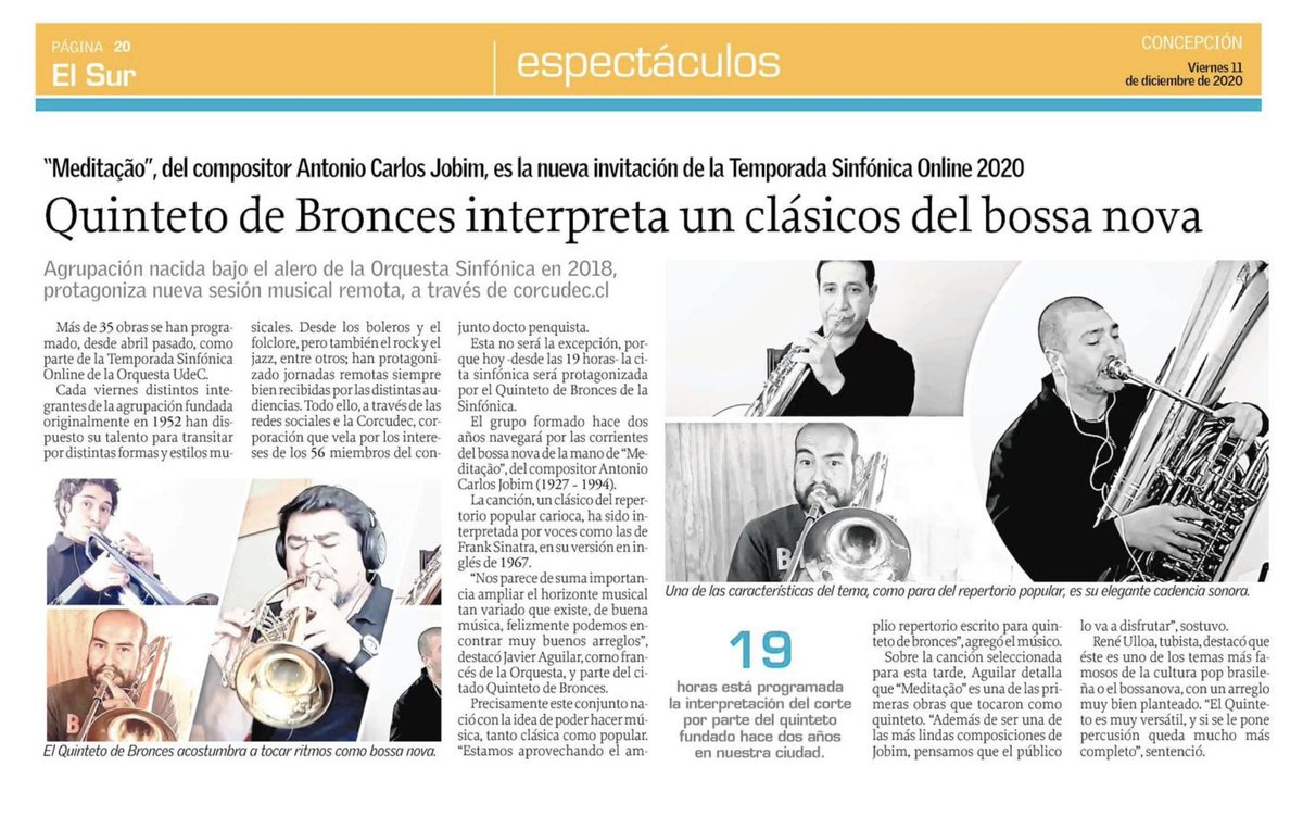 "Meditação", del compositor Antonio Carlos Jobim, es la nueva invitación de la Temporada Sinfónica Online 2020
Quinteto de Bronces protagoniza nueva sesión musical remota, a través de corcudec.cl
#SinfónicaUdeC #TomJobim #Brasil