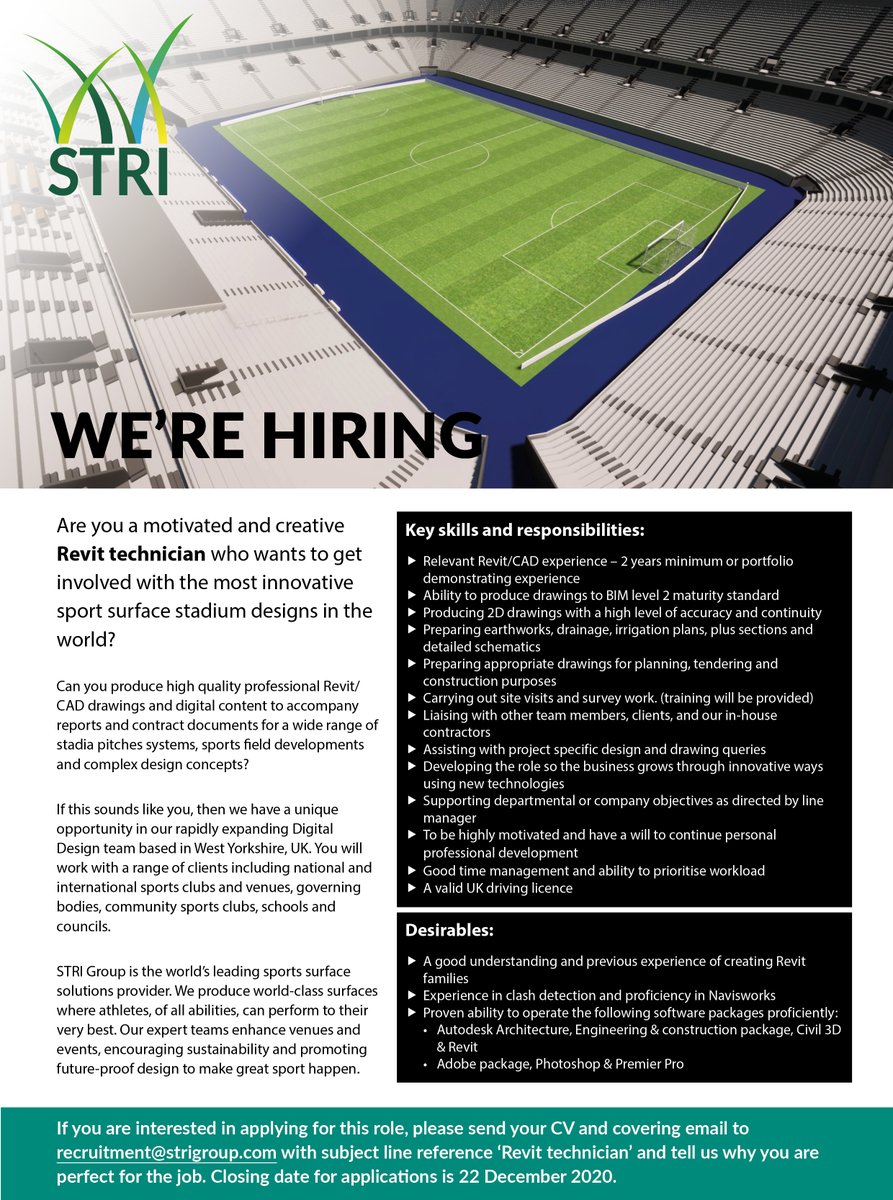 strigroup_'s tweet photo. We have so many fantastic opportunities at #STRIturf & are #recruiting a skilled and experienced #3DVisualiser & #RevitTechnician to join us in providing high quality, sports surface solutions to a range of national & international clients.
#GraphicDesign #CADjobs #sportsturf https://t.co/zUuAS8wcq4
