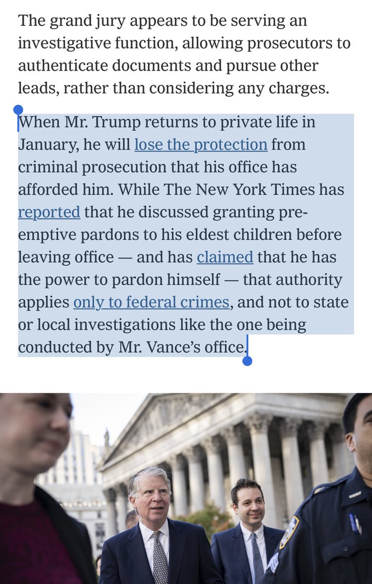 The grand jury investigation appears to be focused on possible bank and insurance fraud as  @realDonaldTrump sought loans and other services.Because this is not a federal investigation, Trump is powerless to stop it or to grant pardons to protect himself or his family.