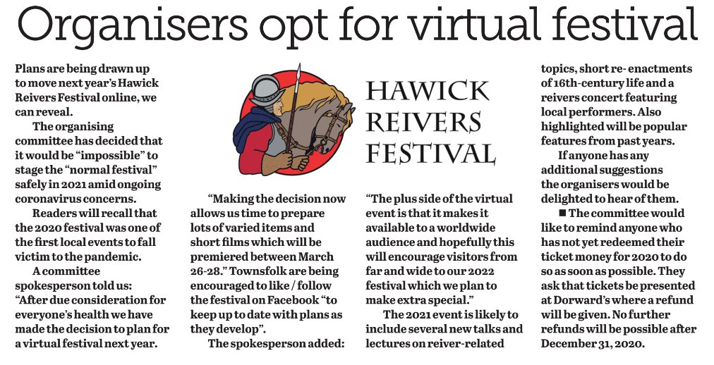 HAWICKREIVERS's tweet photo. ❗️ IMPORTANT UPDATE ❗️

Plans are being drawn up to move next year’s Hawick Reivers Festival online 📱💻, as revealed in @TheHawickPaper.

Our programme of events, performers &amp; speakers will be revealed early next year. 🐴⚔️👥

See the full article 👇🏻

#ReiversReturn #Reivers2021 https://t.co/T3o1qi6P36