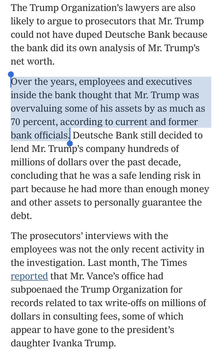 One thing that’s notable here is that there is not really a question of whether Trump submitted financial documents to  @DeutscheBank that included very, um, generous valuations of certain assets. The dispute is more likely to be about whether that constituted fraud.