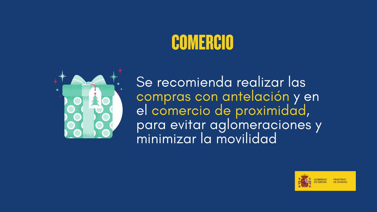 sanidadgob's tweet photo. ❌Evita aglomeraciones
🛒Haz las compras en el comercio de proximidad y con la mayor antelación posible
😷Usa mascarilla, lávate las manos y mantén la distancia
#ElMejorRegaloEsCuidarnos https://t.co/hmmNEH59wZ