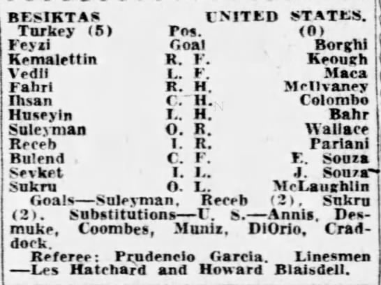 Beşiktaş (5-0) United States of America Goller : Süleyman Seba Recep Adanır (2) Şükrü Gülesin (2) Mayıs 1950