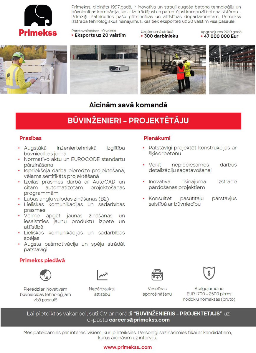 PrimekssGroup's tweet photo. #TEIRDARBS  - Aicinām savā komandā 
BŪVINŽENIERI – PROJEKTĒTĀJU

Pievienojies Primekss komandai un iegūsti augsta līmeņa pieredzi! Nenokavē un piesakies jau šodien sūtot e-pastu: careers@primekss.com! https://t.co/OawEBLVvBP