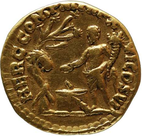 The Reverse of the coin shows a nude Hercules, carrying a cornucopia, making an offering at a small altar, as his lion-skin hangs on a nearby tree.