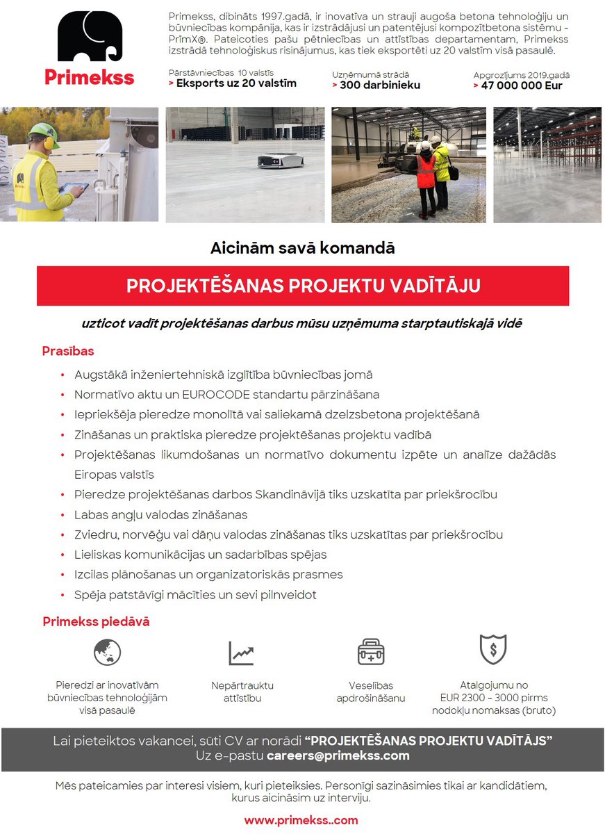 PrimekssGroup's tweet photo. #TEIRDARBS  - Aicinām savā komandā 
PROJEKTĒŠANAS PROJEKTU VADĪTĀJU

Pievienojies Primekss komandai un iegūsti augsta līmeņa pieredzi! Nenokavē un piesakies jau šodien sūtot e-pastu: careers@primekss.com! https://t.co/1bhZp8A2ci