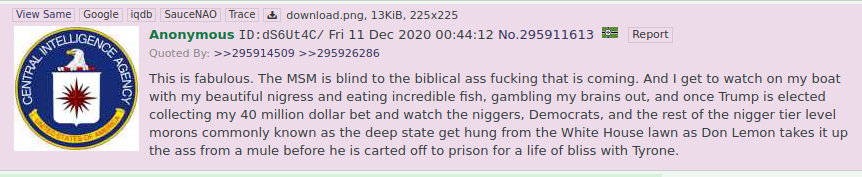  #BigDickAnon's CIA Fren Update: Deep State To Be Hanged On The White House Lawn Edition.  https://archive.4plebs.org/pol/thread/295902459/#295911613