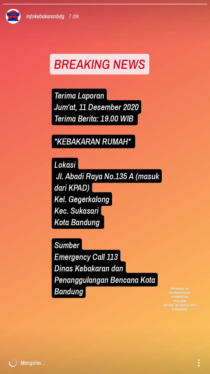 Breaking news Terjadi Kebakaran Rumah di Jl. Abadi Raya No. 135 A  , Kecamatan Sukasari Kota Bandung

Status : Petugas Pemadam UPT Utara  sedang menuju lokasi 

#infokebakaranbdg