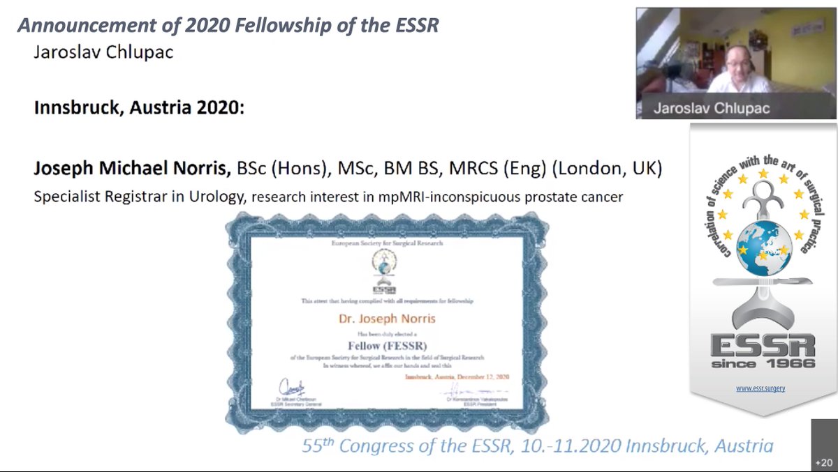 MrJosephNorris's tweet photo. Pleasure to present @ #ESSR2020
Also, blown away to be awarded Fellowship with the European Society for Surgical Research. Thank you J.Chlupac & the board for this recognition #FESSR
Long live academic surgery!
#mpMRI #PCa @UCLDivofSurgery @uclh @The_MRC @ESSR2018 @ESSR_2017 https://t.co/M18QWJLc4X