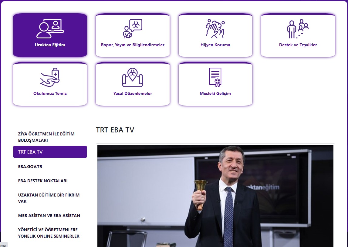 Salgın sürecinde bakanlığımızın yapmış olduğu çalışmalara daha kolay ulaşılması için hazırladığımız “covid19.meb.gov.tr” internet sitemiz yayına açılmıştır. Tüm öğrenci, veli ve meslektaşlarıma sizler için hazırlamış olduğumuz bu siteden faydalanmanızı tavsiye ederim.