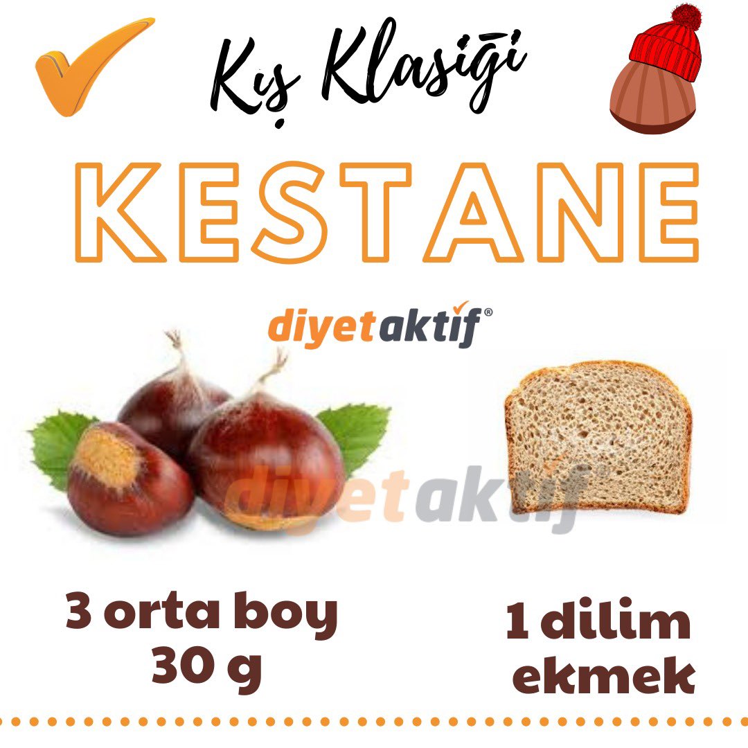 Sende bu hafta sonuna sıcacık kestaneler &amp; film &amp; battaniye eşliğinde girip formda da kalmak istiyorsan işte minik bir bilgilendirme postu geliyor
3  orta boy kestane 1 dilim ekmeğe eş değer olduğundan kilo kontrolünde çok abartmamakta fayda var :)