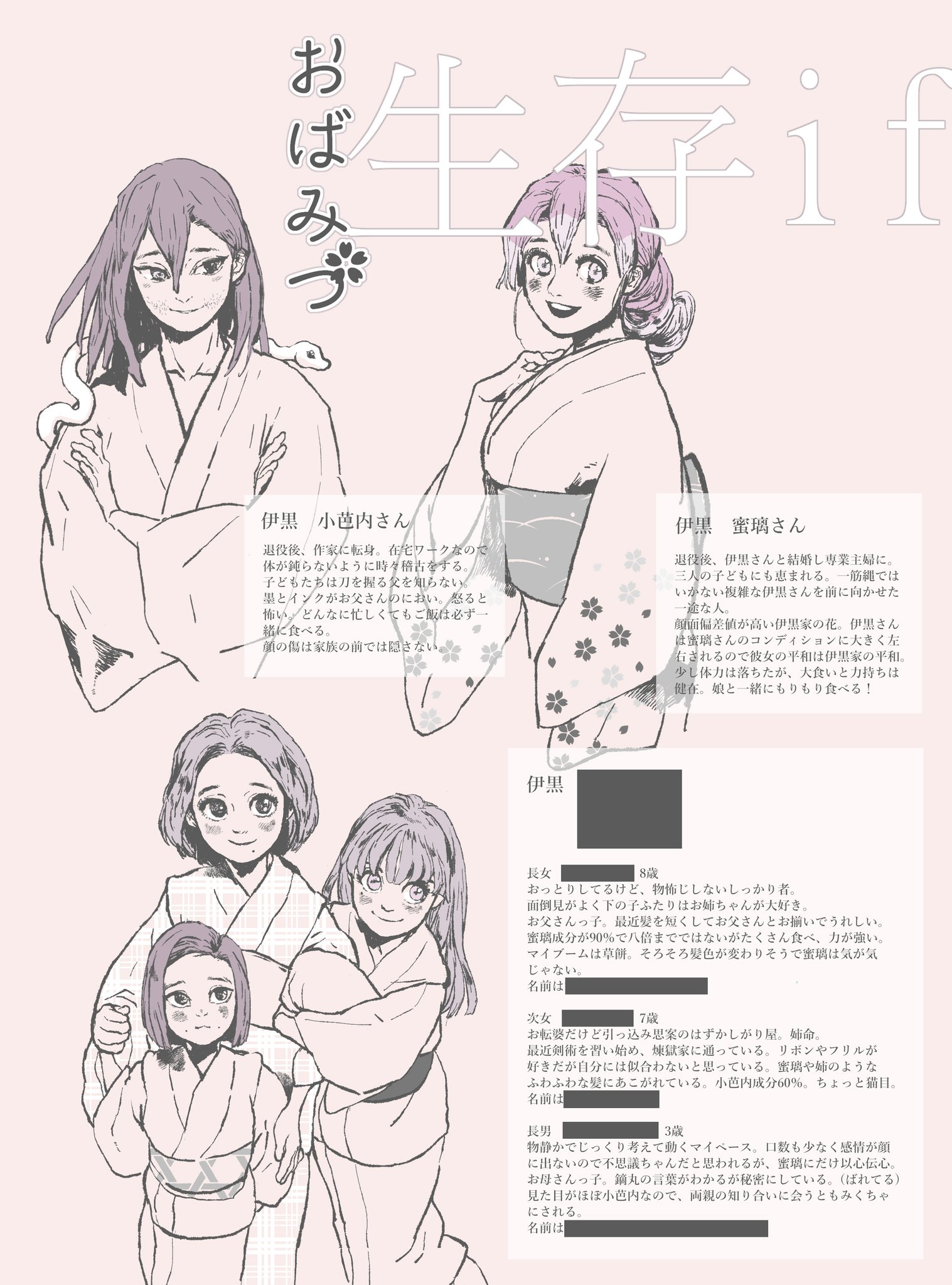 ののし 低浮上 在 Twitter みなさんのおばみつ 子ども絵が可愛すぎて 10月頃描いた過去絵を 生存if設定の伊黒ファミリー紹介的なやつ 結局没にしたので供養 黒塗りは名前 恥ずかしいのでふせますた 8歳はもっと大きいかな 定食おばみつの
